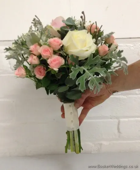 Wild Just Picked Garden Flower Bridesmaid Hand tied Bouquet in Creams, Pink and Grey with Spray roses, Gypsophila, Brunia Berries and Senecio Leaves Side View
