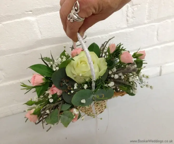 Wild Just Picked Garden Flowers in Creams, Pink and Grey with Spray roses, Gypsophila, Brunia Berries and Senecio Leaves Flowergirl Basket