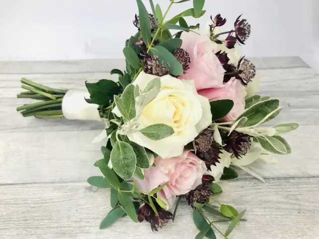 Cream and Pink Rose Bridal Bouquet with Burgundy Accents