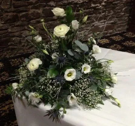Winter Wedding Eryngium and White flowes Arranagement for Side of Tob Table