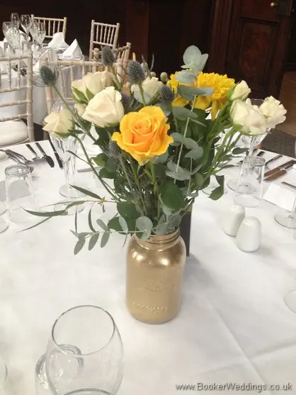 Gold Kilner Jars with Gold, Peach and Navy Just Picked Wild Garden Flowers as Table Centrepieces - Gold Roses, Eryngium and Eucalyptus at Aloft Hotel