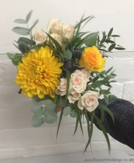 Wild Just Picked Bridesmaid Hand tied Bouquet with Gold, peach and Navy  with Roses, Spray roses, Crysanthemum, Eryngium, Brunia Berries and Eucalyptus