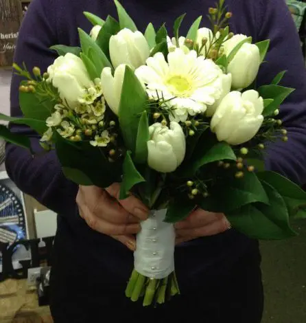 White Germini and Tulip Bouquet - Side View
