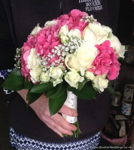 Cerise Hydrangea and White Rose Brides Bouquet Side View