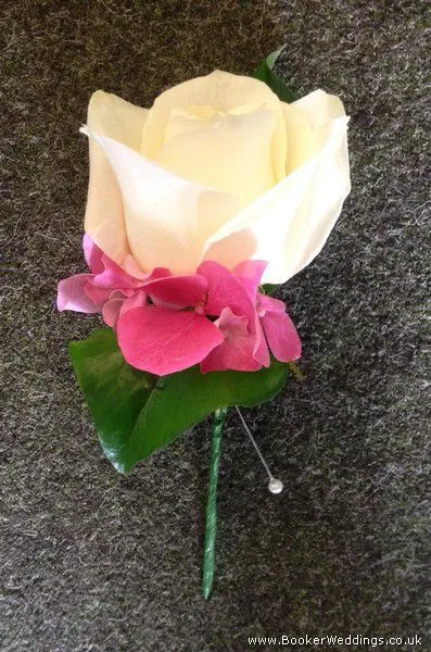 Cerise Hydrangea and White Rose Buttonhole