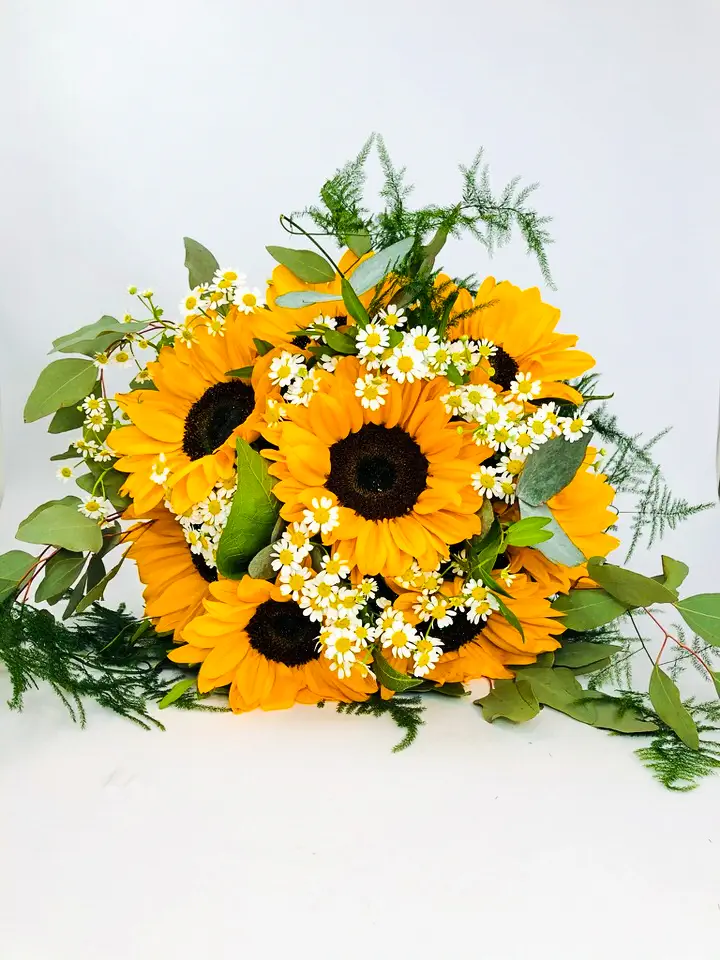 Bride Sunflower and Tanacetum Handtied Bouquet
