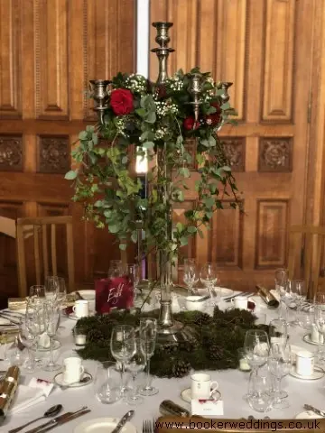 Candelabras with Red Roses and Trailing Ivy