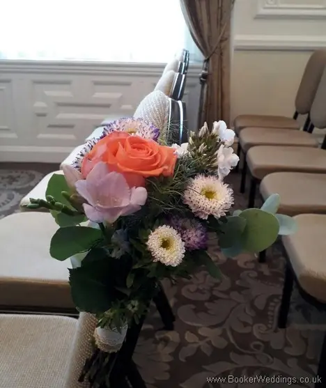 Bright just picked Aster, Silver Foliage’s, Nigella, Coral Roses, White spray roses, Solidaster, Purple Freesia, Pink Phlox