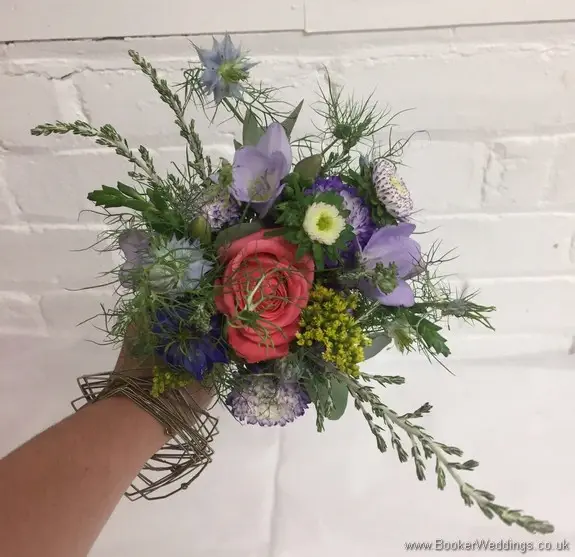 Bright wild coral and blue just picked flowergirl bouquet