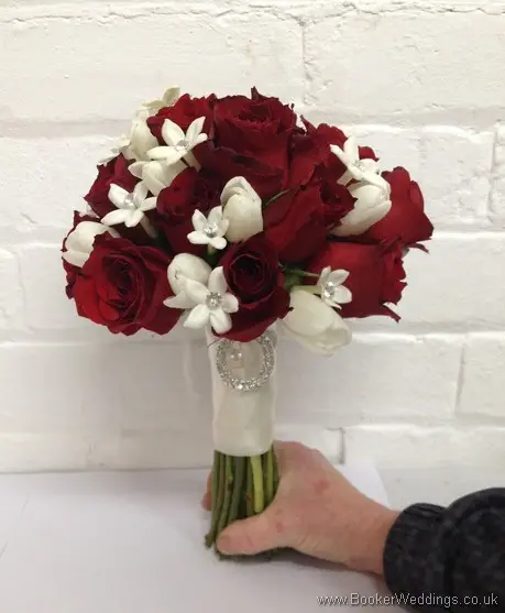 Red Rose and Stephanosis with Diamantes hand tied Bridal Bouquet Side View