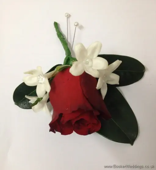 Red Rose and Stephanosis with diamantes Grooms Buttonhole