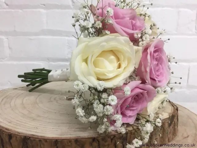 Bridemaid Pink And White Rose Hand Tied Bouquet With Gyp