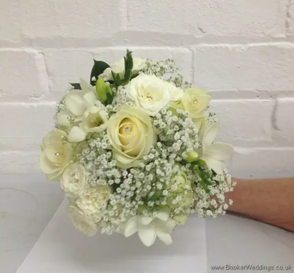 All White Wedding Flowers Theme Hand Tied Bridesmaid Bouquet with Roses, Spray Roses, Freesia and Gypsophila