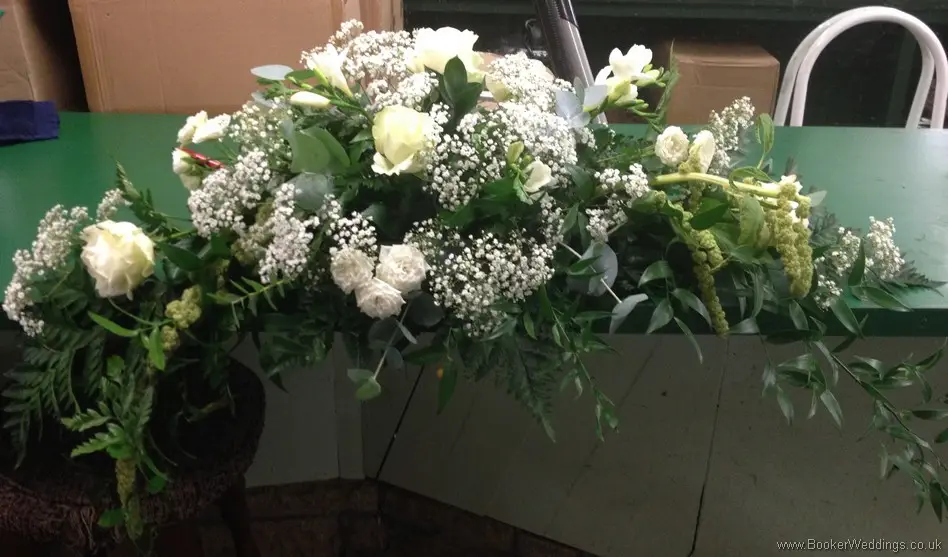 All White Wedding Flowers Top Table Arrangement with Roses, Freesias and Gypsophila