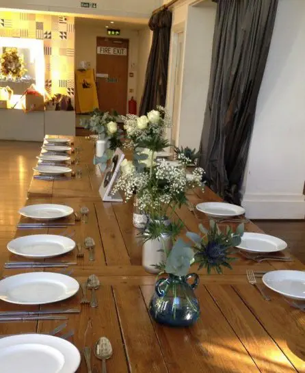 Jar Table Arangments Rose Eryngium and Gypsophilia 10