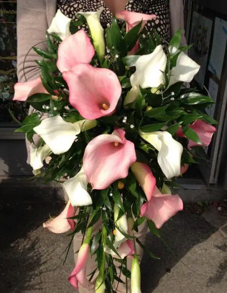 Pink and Whtie Calla Brides Shower bouquet Close up