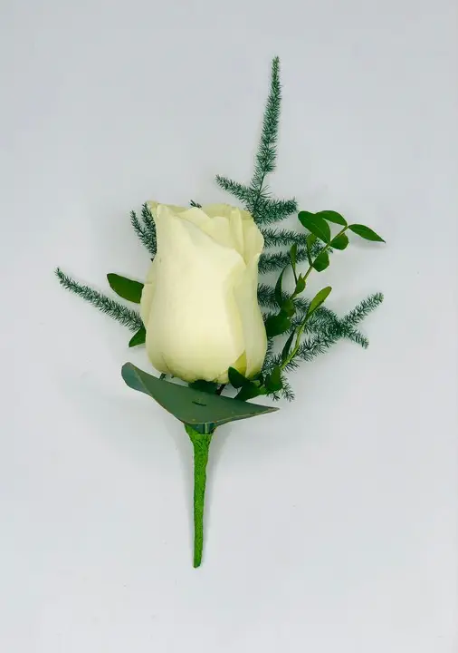 White Rose Buttonhole with Simple Foliage