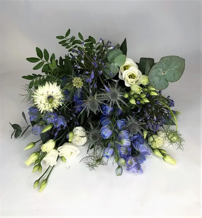 Blue and White Textures Bridal Bouquet with Thistle and Eucalyptus