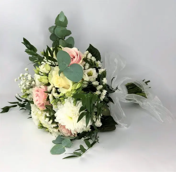 Bridal Bouquet with Eucalyptus Pink Roses and White Blooms