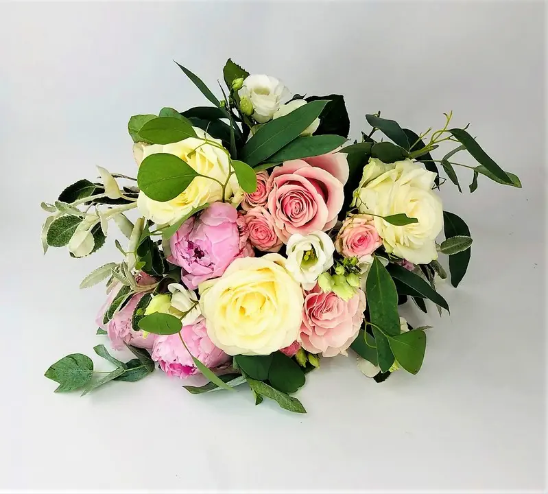 Pink and White Rose and Peony Handtied with Rustic Summer Foliage