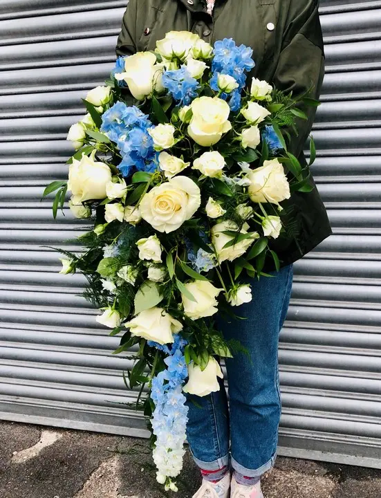 Rose Shower Bouquet for Summer Bride with Blue Flowers