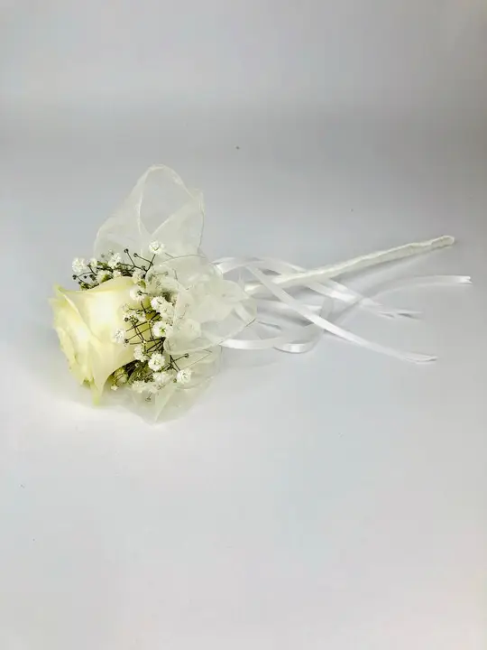White Rose Flower Girl Wand with Gypsophila and Ribbons