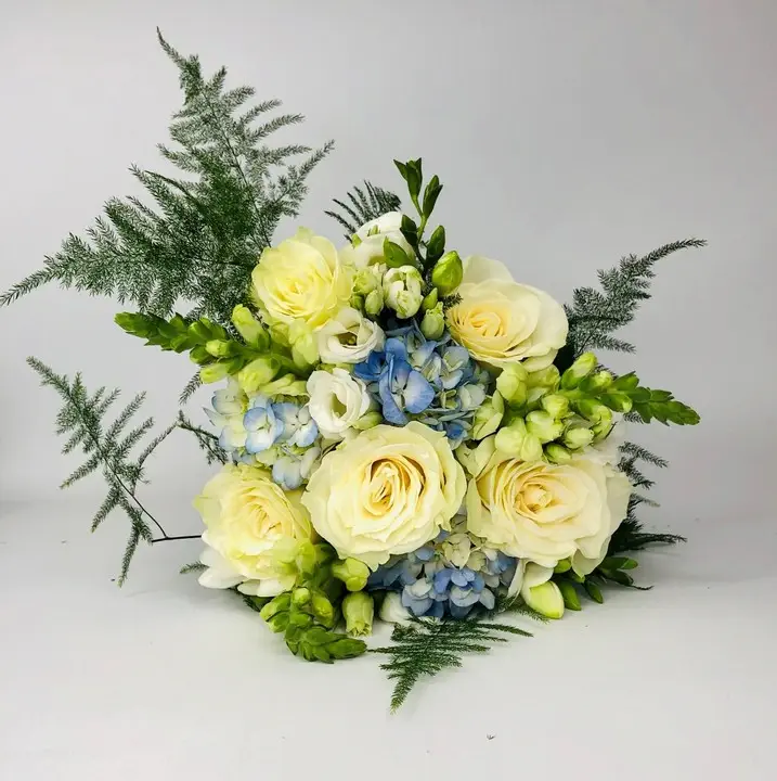 White Rose and Blue Flower Bridesmaid Handtied Bouquet