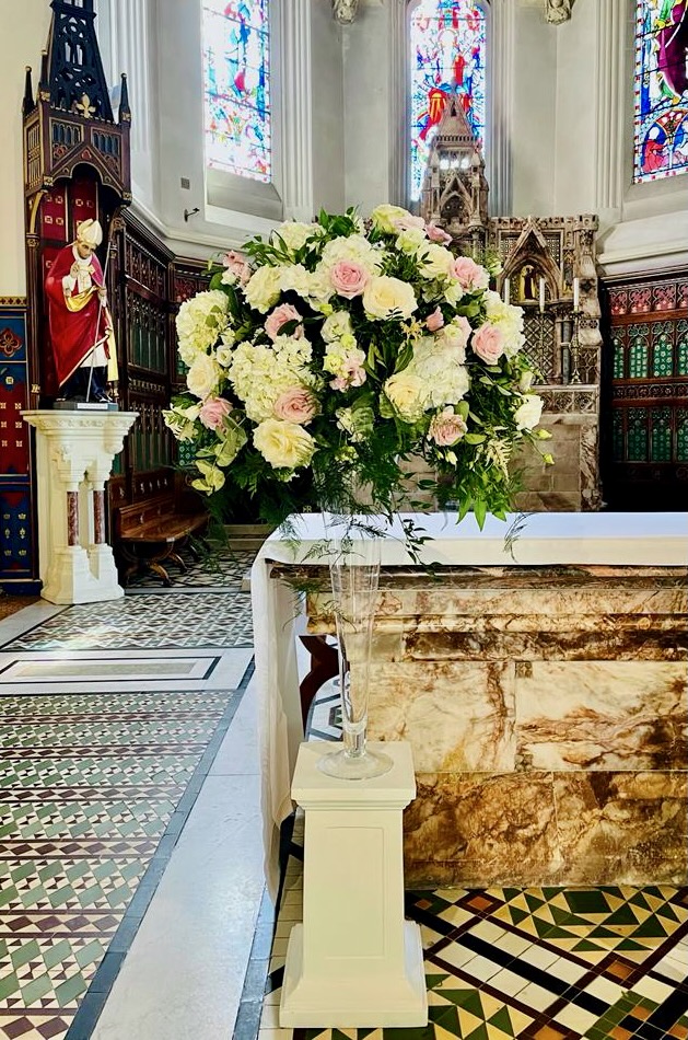 Grand Pink and White Pedestal at Church Wedding