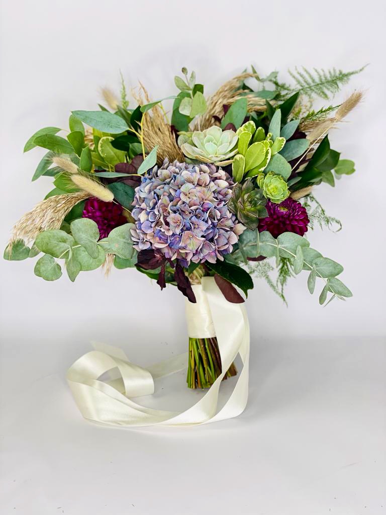 Modern Hydrangea Dahlia and Succulent Brides Bouquet with Eucalyptus