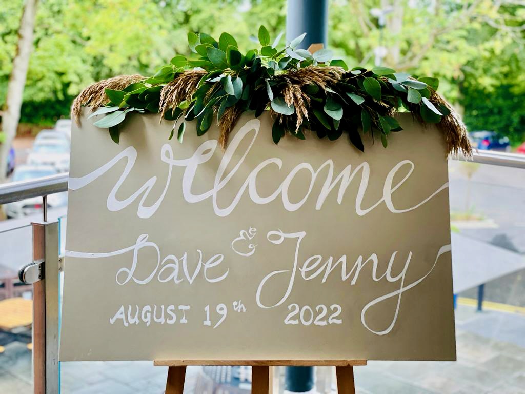 Modern Welcome Sign Flowers with Eucalyptus and Pampas