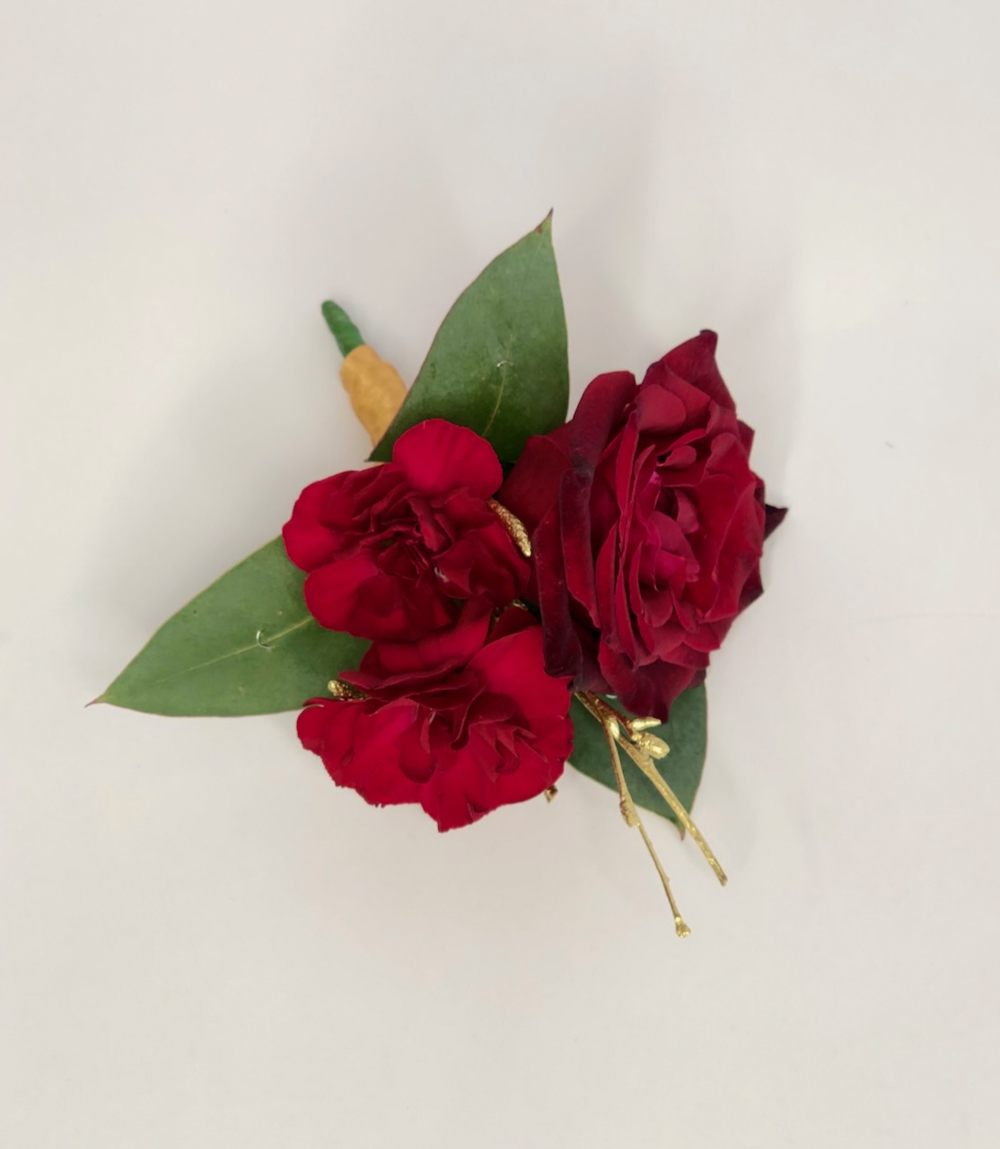 Red Rose and Carnation Grooms Buttonhole with Gold
