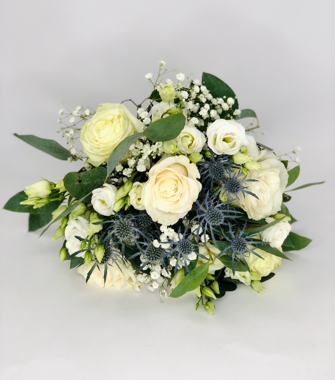 White Rose and Blue Thistle Bridal Bouquet