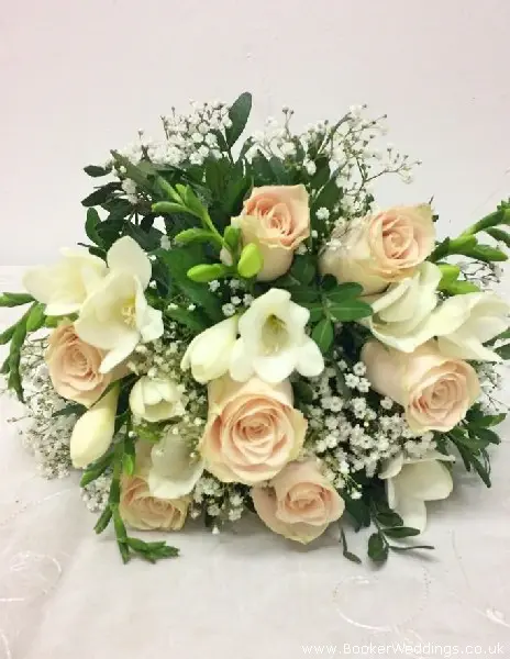Bridesmaid Hand Tied Bouquet Of Roses Freesia and Gypsy Grass