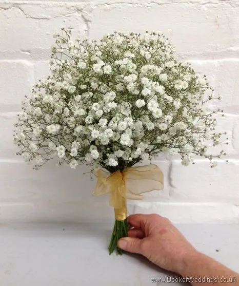 All Gypsophila Bridesmaid Bouquet Hand tied with a Gold Ribbon and Bow Side View