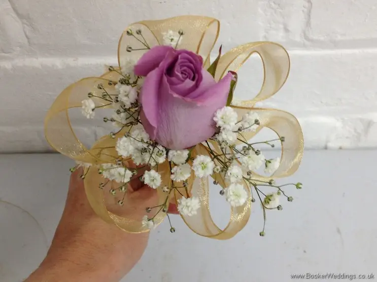 Flower Girl Dusky Lilac Rose and Gypsophila Wand Bouquet with Gold Ribbon and Bow