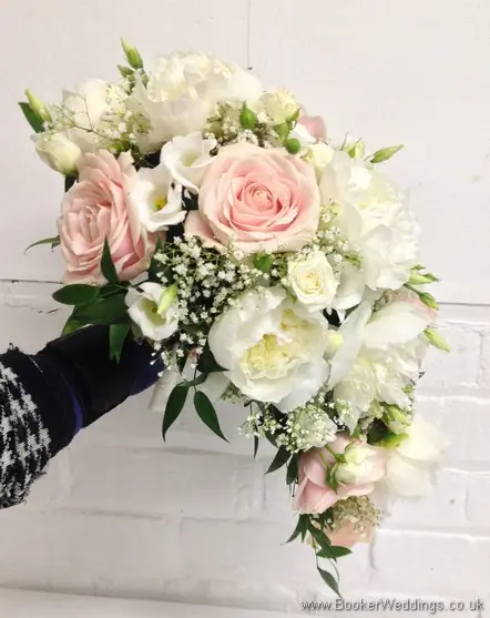 Compact Bridal Shower Bouquet in a Blush and Ivory Wedding Flower theme with peonies, roses, gypsy grass and lissianthus View from Right