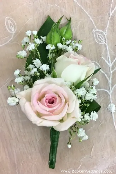 Small Pink and White Spray Rose Buttonhole on Pin Badge For Page Boy