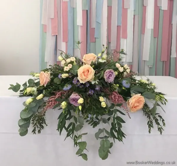 Wild Just picked garden flowers in a Long and Low Top Table Arrangement at Bluecoat Liverpool City Centre