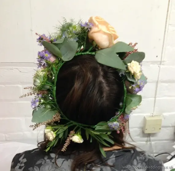 Wild just picked garden flowers bridal flower crown in peach, purple, pink and blue Back