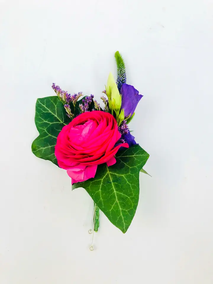Cerise and Purple Groom Buttonhole