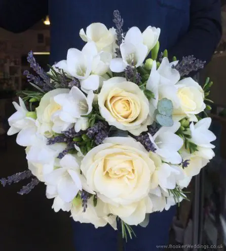 Lavender and Cream Hand-tied Bridesmaid Bouquet with Lavender, Rosemary, Roses and Freesias