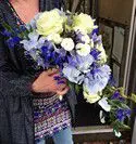 White Rose Blue Hydrangea Blue Delphinium Brides Shower Bouquet - Side