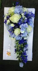 White Rose Blue Hydrangea Blue Delphinium Brides Shower Bouquet