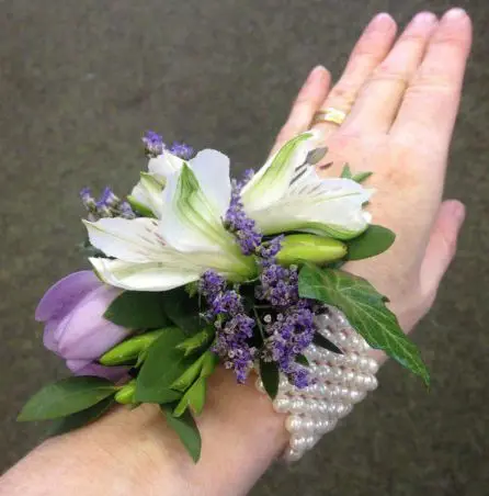 Purple and white Wrist Corsage - Side