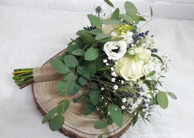 Bride Semi Wild Hand Tied Bouquet of Roses Lavender Lissianthus Eryngium