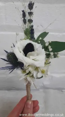 Groom Buttonhole  Chincherinchee Lavender Lissianthus Eryngium Gyp