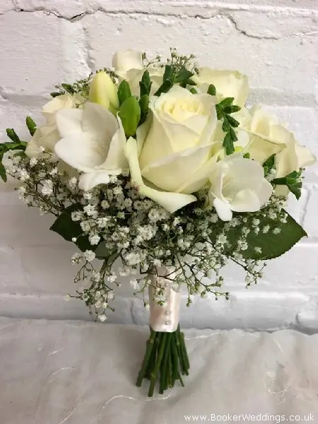 Bridesmaid Bouquet of Avalanche Roses Freesias and Gypsy Grass with Ribbon Handle