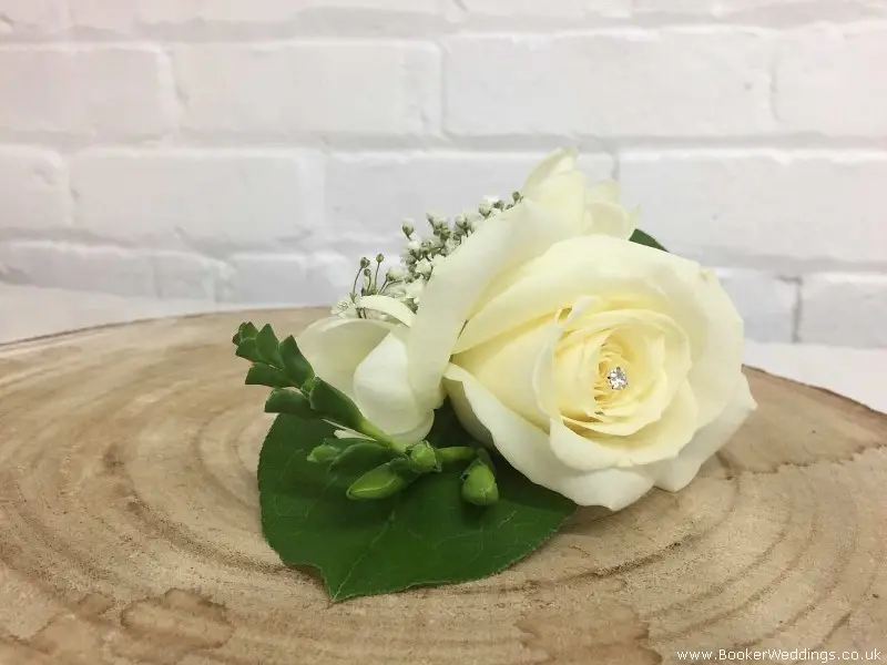 Ivory Rose Freesia and Gypsophila Buttonhole with Diamante for Groom