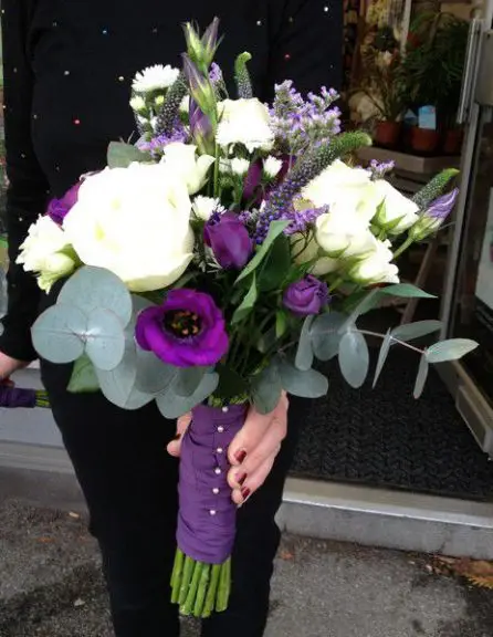 Purple and white Brides bouquet - side