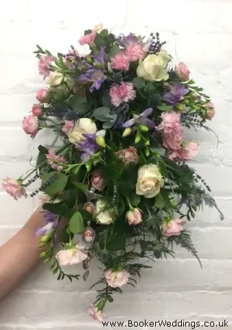 Bride Shower Bouquet Roses Carnations Freesia Asparagus Fern